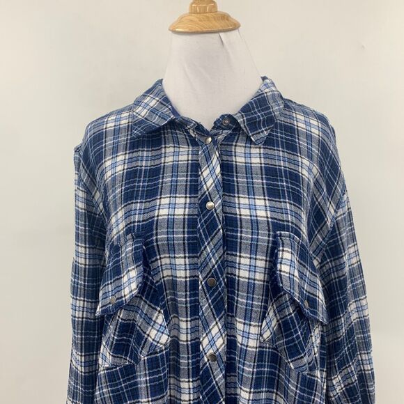 Kut From The Kloth Shirt Womens XXL Blue Plaid Flannel Snap Button Tap Sleeve - Picture 3 of 11